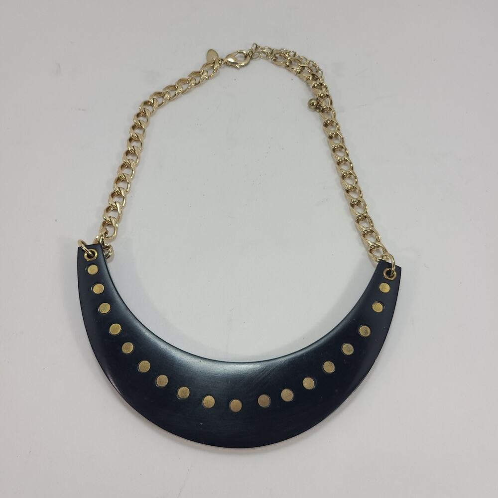 Chicos Statement Cresent bib Necklace Black Gold Tone 22" Long